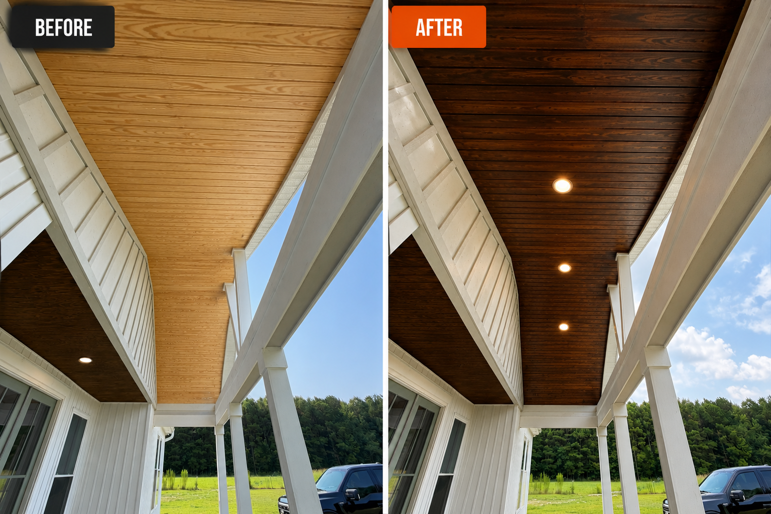 Before-and-after of a covered porch ceiling in Conway, transformed from raw wood to a rich dark stain