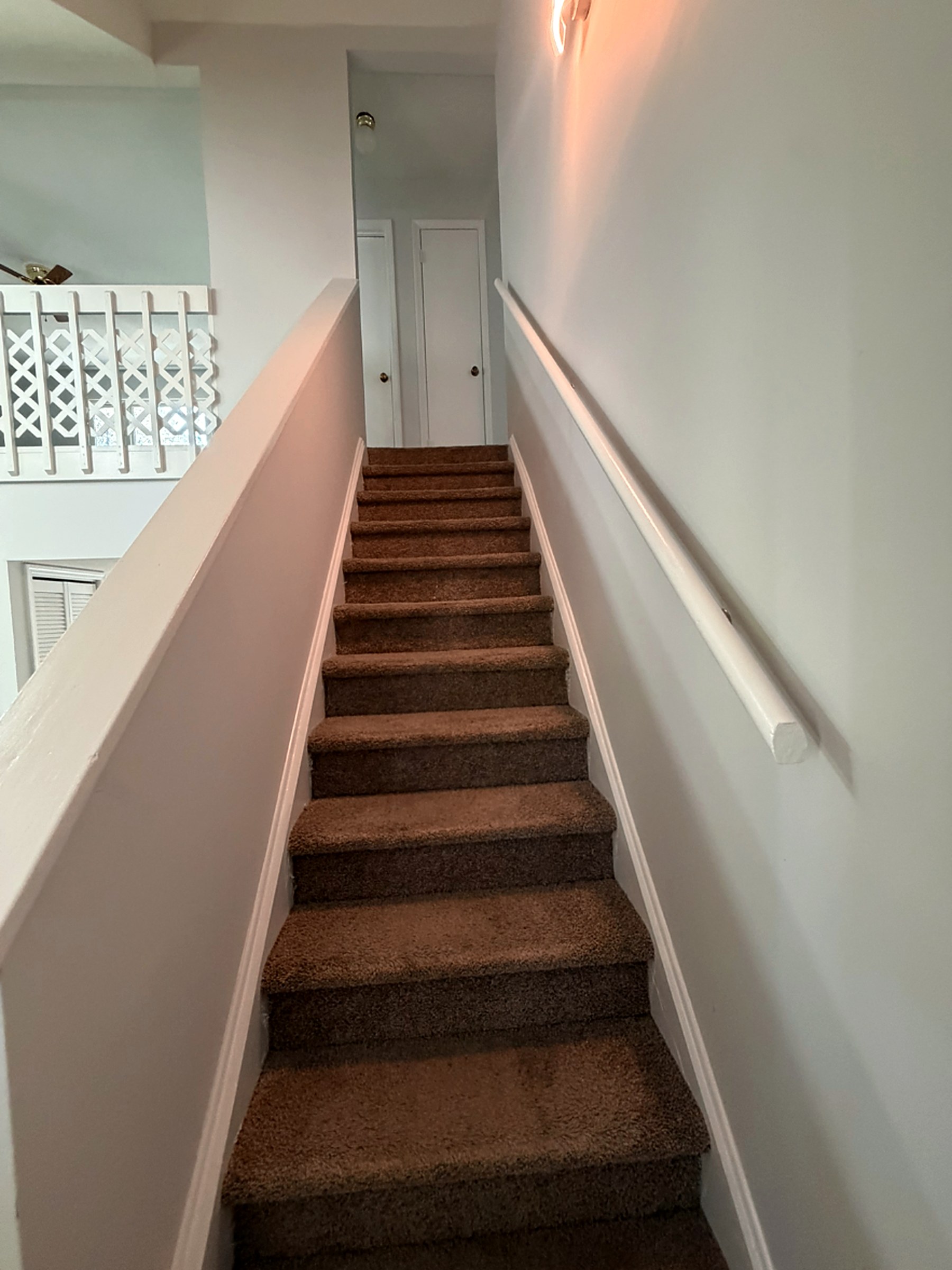 Carpeted staircase with newly painted white trim, risers, and handrail