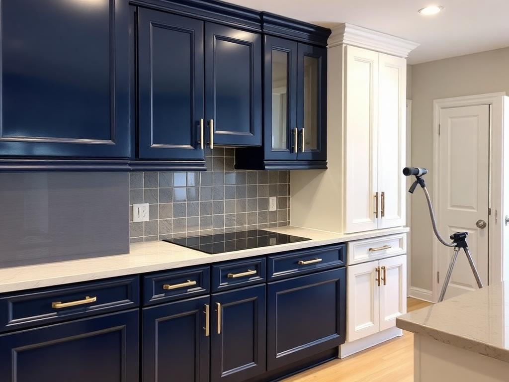 Kitchen cabinets refinished with a smooth sprayed navy and white finish