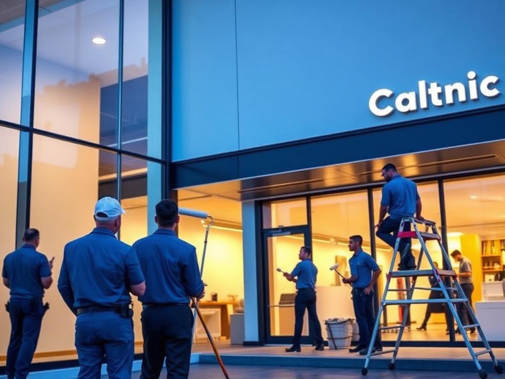 Commercial painting crew working on an office storefront at dusk