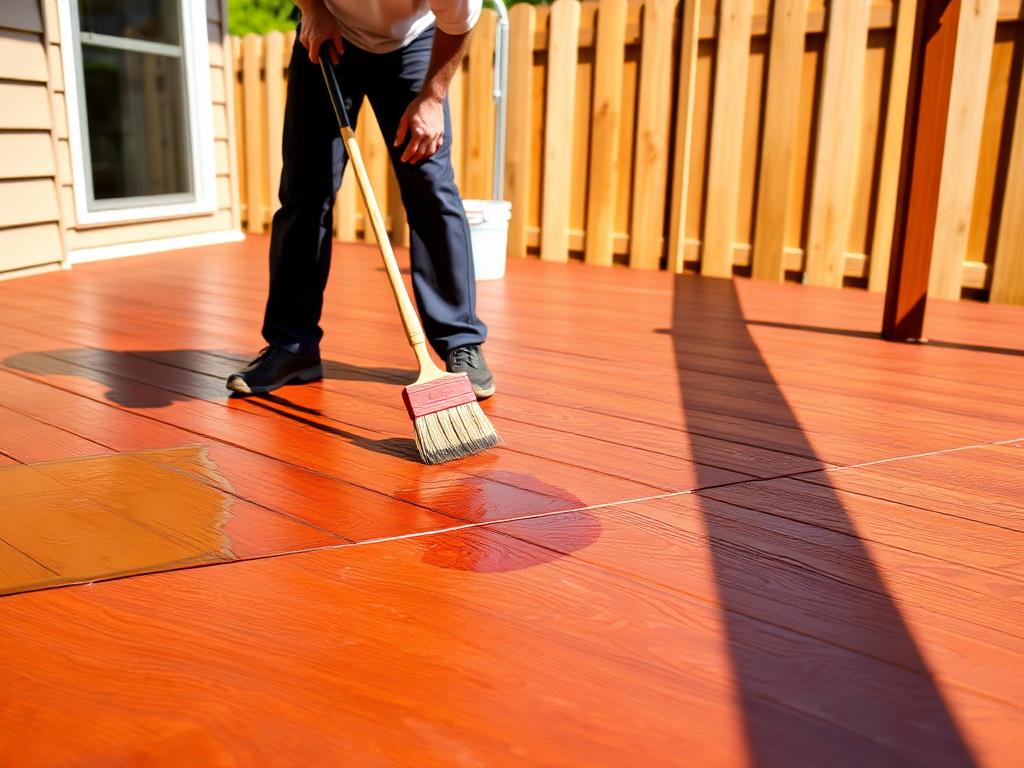 Freshly stained backyard wood deck being sealed with a brush
