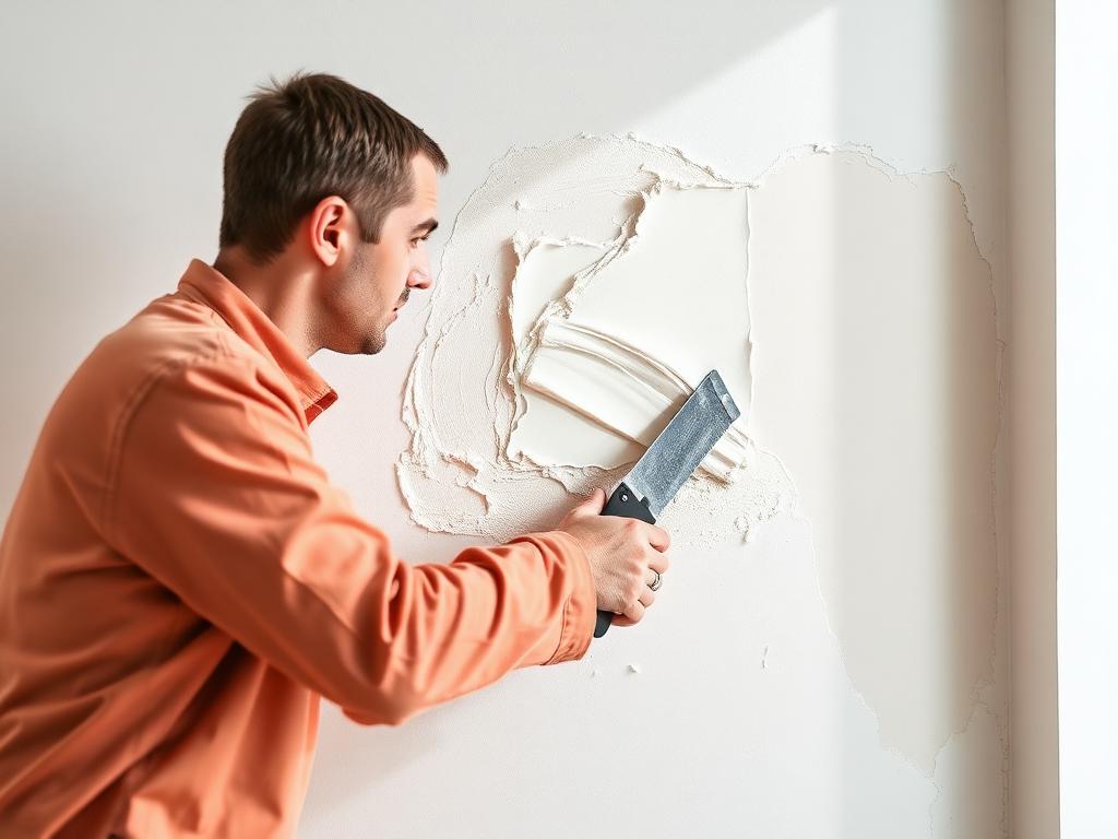 Contractor smoothing joint compound over a drywall patch repair