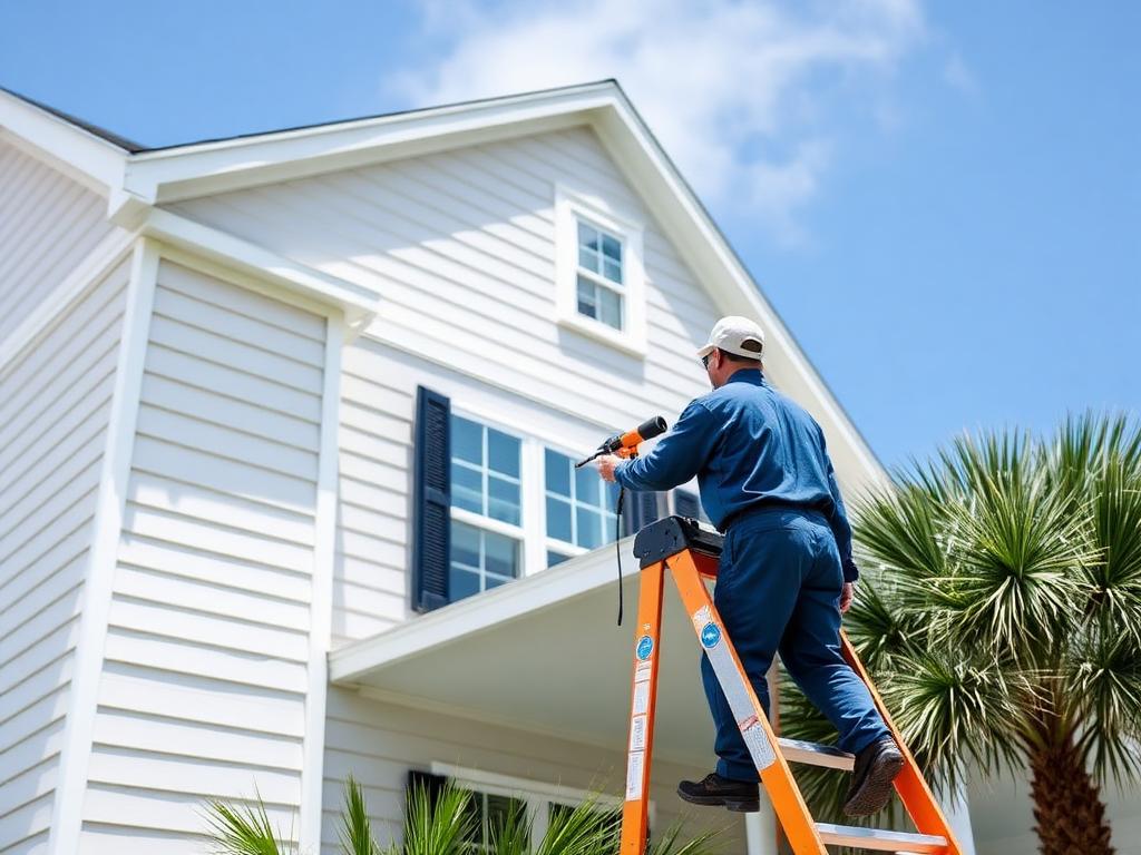 Painter on a ladder spraying the exterior siding of a coastal home
