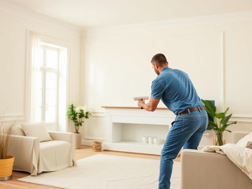 Painter rolling fresh off-white paint onto an interior living room wall